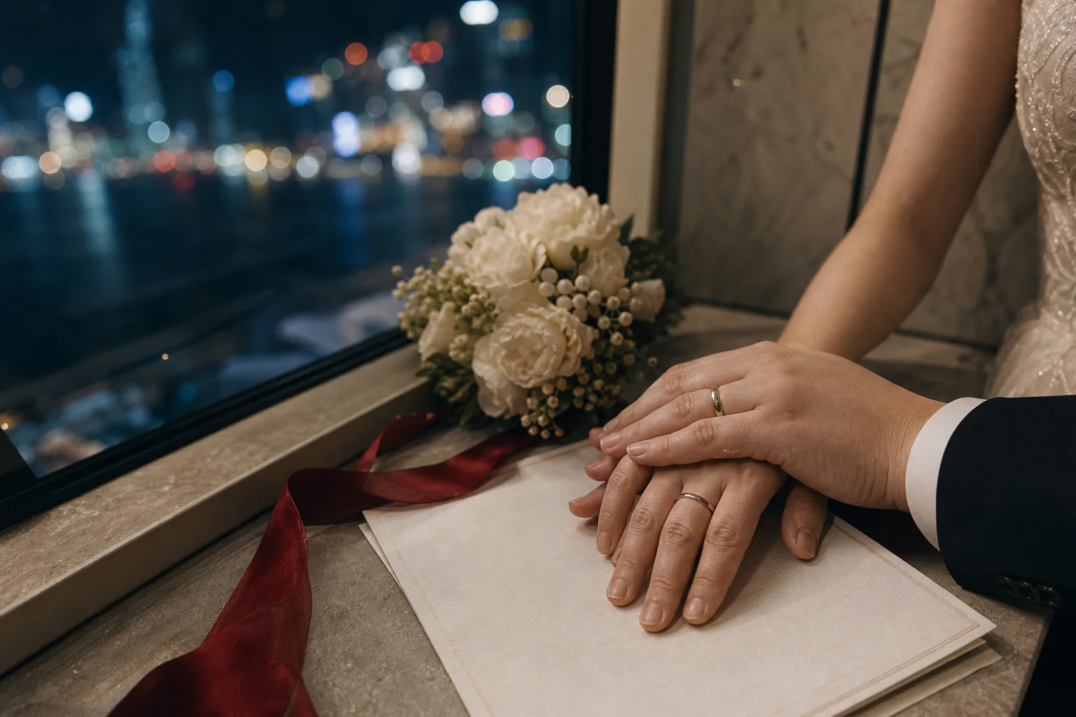 Newlyweds holding hands beside their marriage document and bouquet